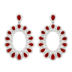 Sterling Silver Rhodium Plated Open Oval Shaped Hanging Earrings With Red And Clear CZ