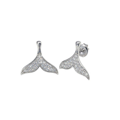 Sterling Silver Rhodium Plated CZ Whale Tail Stud Earrings - silverdepot