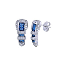 Load image into Gallery viewer, Sterling Silver Rhodium Plated Belt Blue CZ Earrings