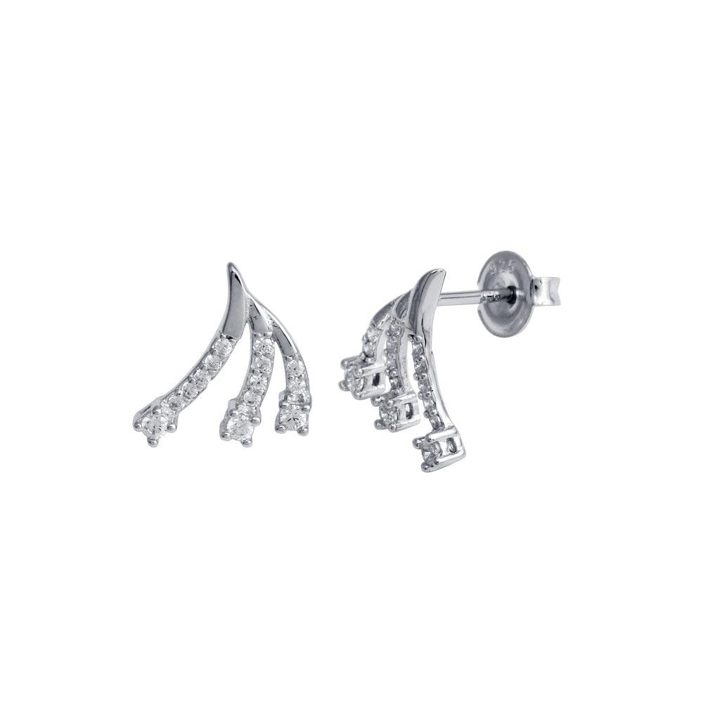 Sterling Silver Rhodium Plated 3 Wave CZ Stud Earrings