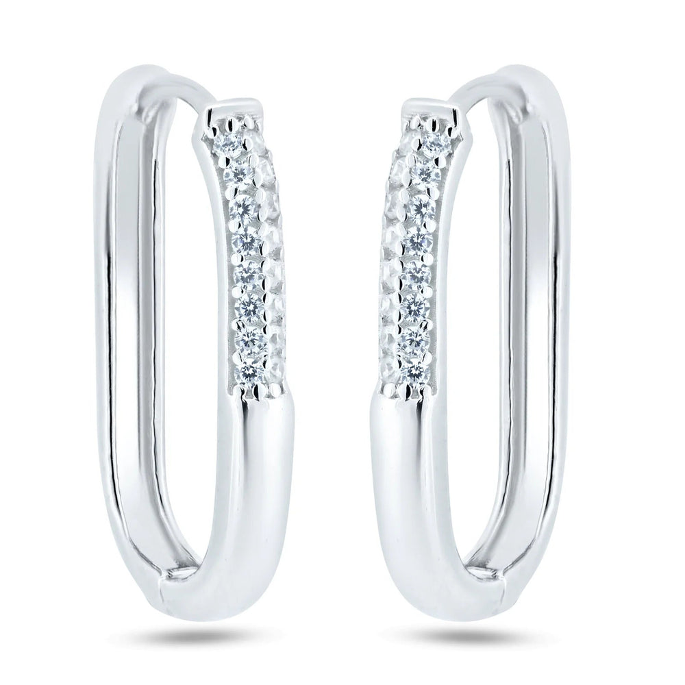 Sterling Silver Rhodium Plated CZ Oval Hoop Earrings