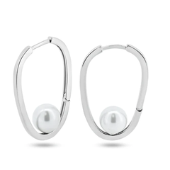 Sterling Silver Rhodium Plated Pearl Hoop Earrings
