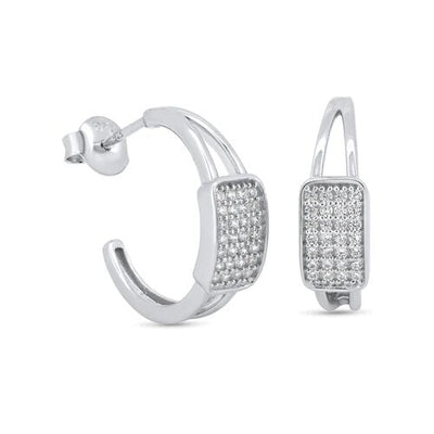 Sterling Silver Rhodium Plated Square Center Encrusted CZ Semi Hoop Stud Earrings