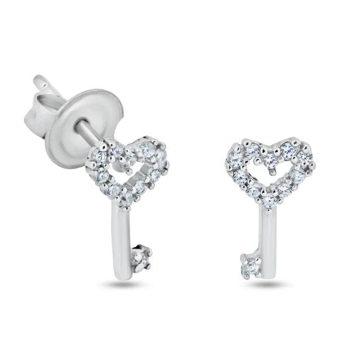 Sterling Silver Rhodium Plated CZ Heart Key Stud Earrings