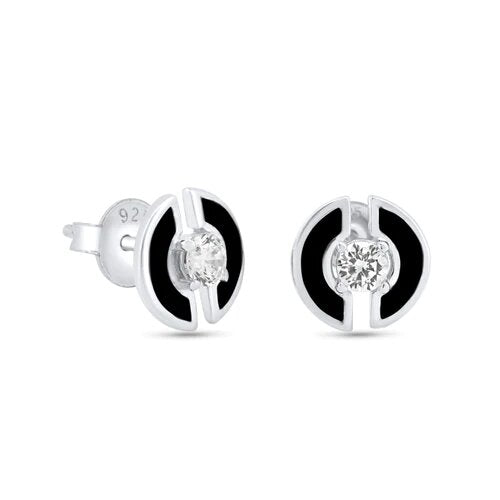 Sterling Silver Rhodium Plated Enamel Double Half Circle Stud 11mm Earrings