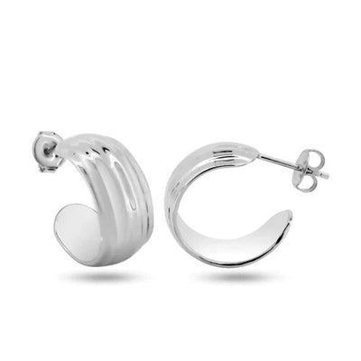 Sterling Silver Rhodium Plated Dome Semi Hoop Earrings