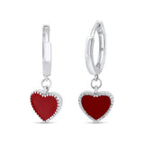Sterling Silver Rhodium Plated Red Enamel Heart 10mm Hoop Earrings