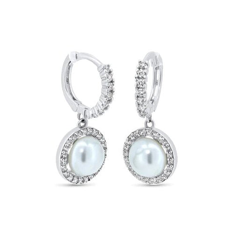 Sterling Silver Rhodium Plated CZ Mother of Pearl 11.2mm Hoop Earrings