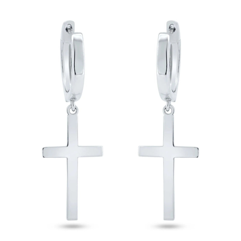 Sterling Silver Rhodium Plated Dangling Cross Hoop Huggie Earrings