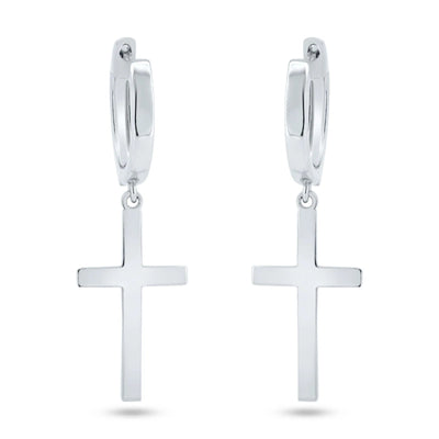 Sterling Silver Rhodium Plated Dangling Cross Hoop Huggie Earrings