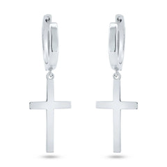 Sterling Silver Rhodium Plated Dangling Cross Hoop Huggie Earrings