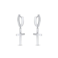 Sterling Silver Rhodium Plated Cross 10mm Hoop Huggie Earrings