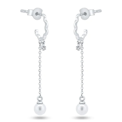 Sterling Silver Rhodium Plated Dangling Pearl Semi Hoop CZ Earrings