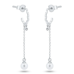 Sterling Silver Rhodium Plated Dangling Pearl Semi Hoop CZ Earrings