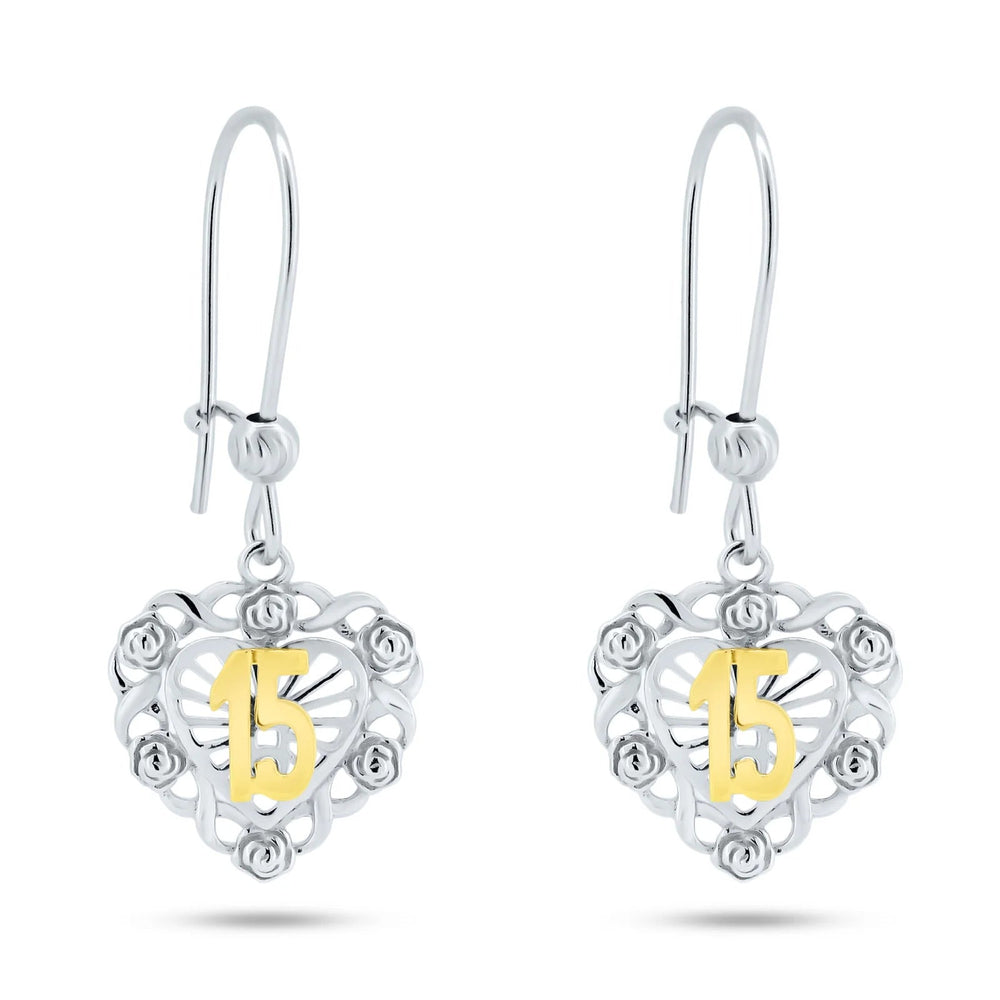 Sterling Silver Two Toned Dangling Heart Quinceanera Earrings