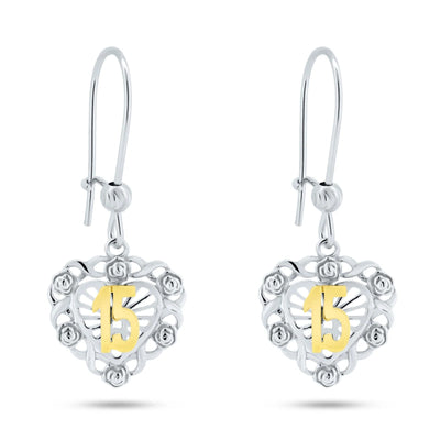Sterling Silver Two Toned Dangling Heart Quinceanera Earrings