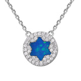 Sterling Silver Rhodium Plated CZ Paved Round Necklace with Star of David Blue Synthetic Opal in the MiddleAnd Spring Ring Clasp