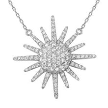 Load image into Gallery viewer, Sterling Silver Rhodium Plated Elegant Sun Necklace Embedded with Clear Round CZ StonesAnd Spring Ring Clasp