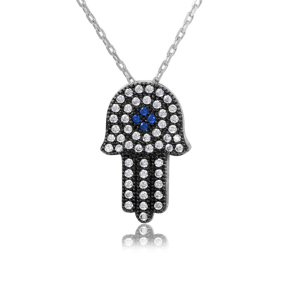 Sterling Silver Rhodium Plated Black CZ Hamsa Necklace