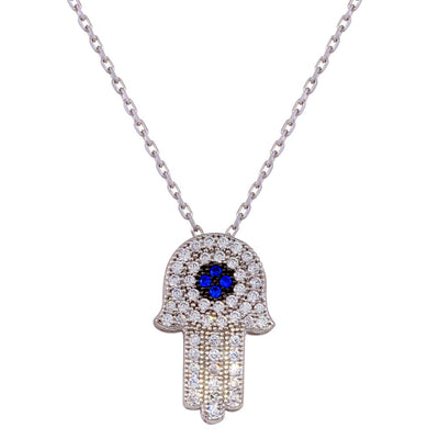 Sterling Silver Rhodium Plated CZ Hamsa Necklace