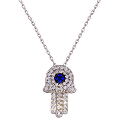 Sterling Silver Rhodium Plated CZ Hamsa Necklace