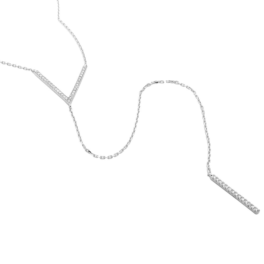 Sterling Silver Rhodium Plated V CZ Necklace With Drop CZ Bar Necklace