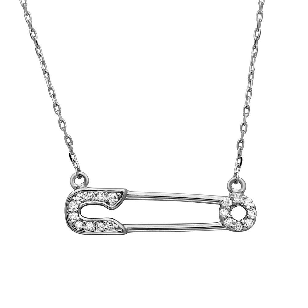 Sterling Silver Rhodium Plated CZ Safety Pin Necklace