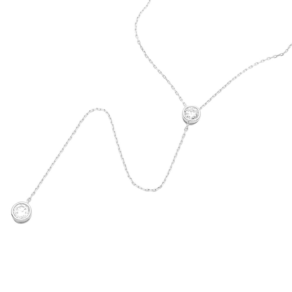 Sterling Silver Rhodium Plated Double CZ Drop Necklace