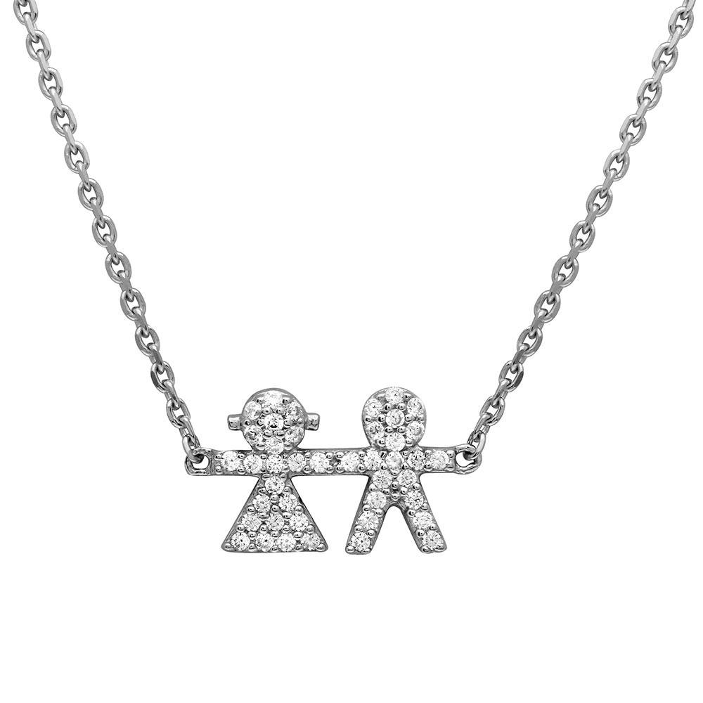 Sterling Silver Rhodium Plated CZ Encrusted Boy And Girl Necklace���������
