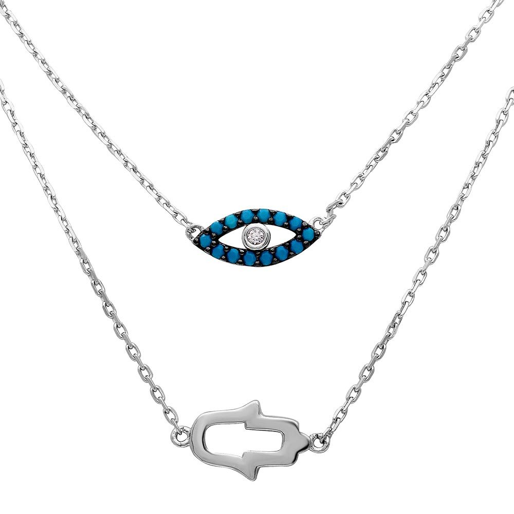 Sterling Silver Rhodium Plated Hamsa Hand And Evil Eye Necklace