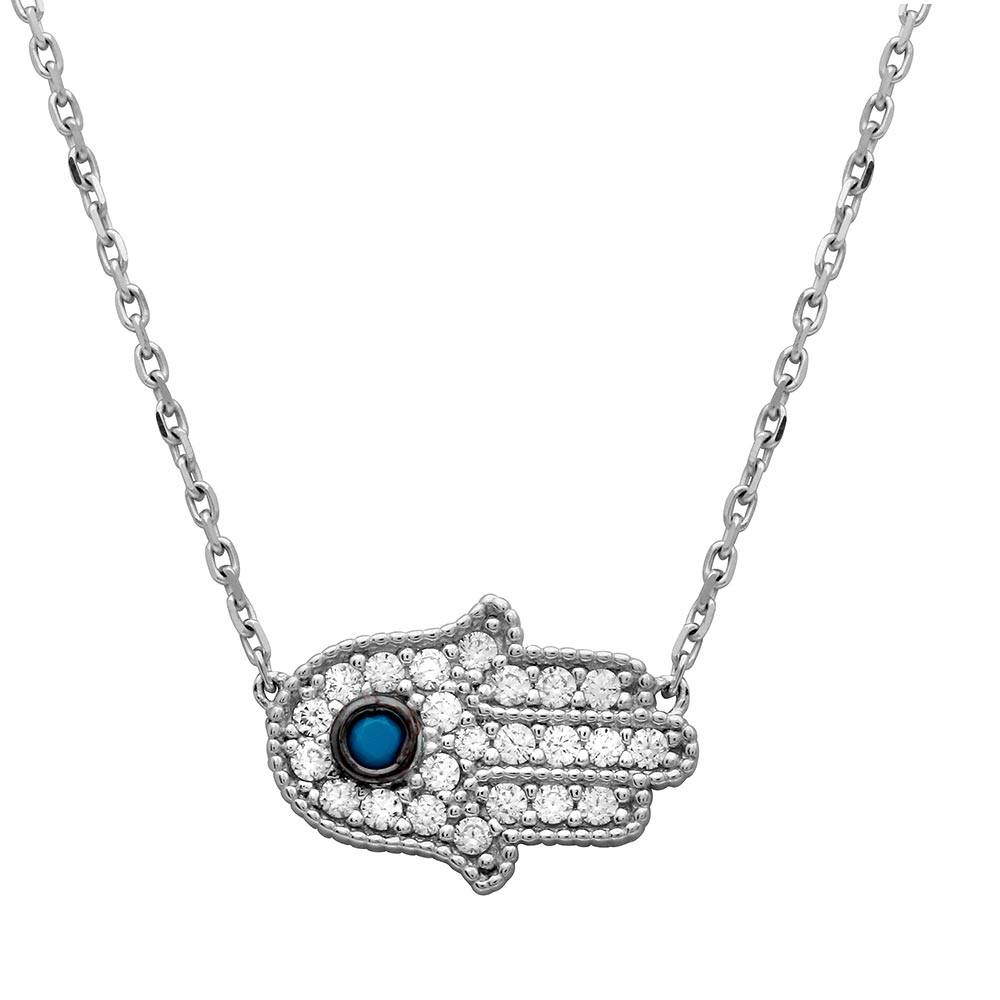 Sterling Silver Rhodium Plated CZ Encrusted Hamsa Necklace With Turquoise Stone