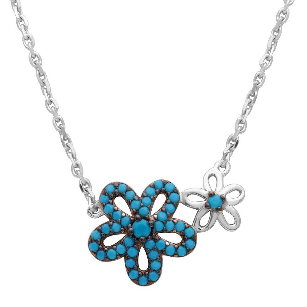 Sterling Silver Rhodium Plated Double Flower Necklace With Turquoise Stones
