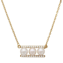 Load image into Gallery viewer, Sterling Silver Gold Plated 3 Fresh Water Pearl On 2 CZ Bar Necklace