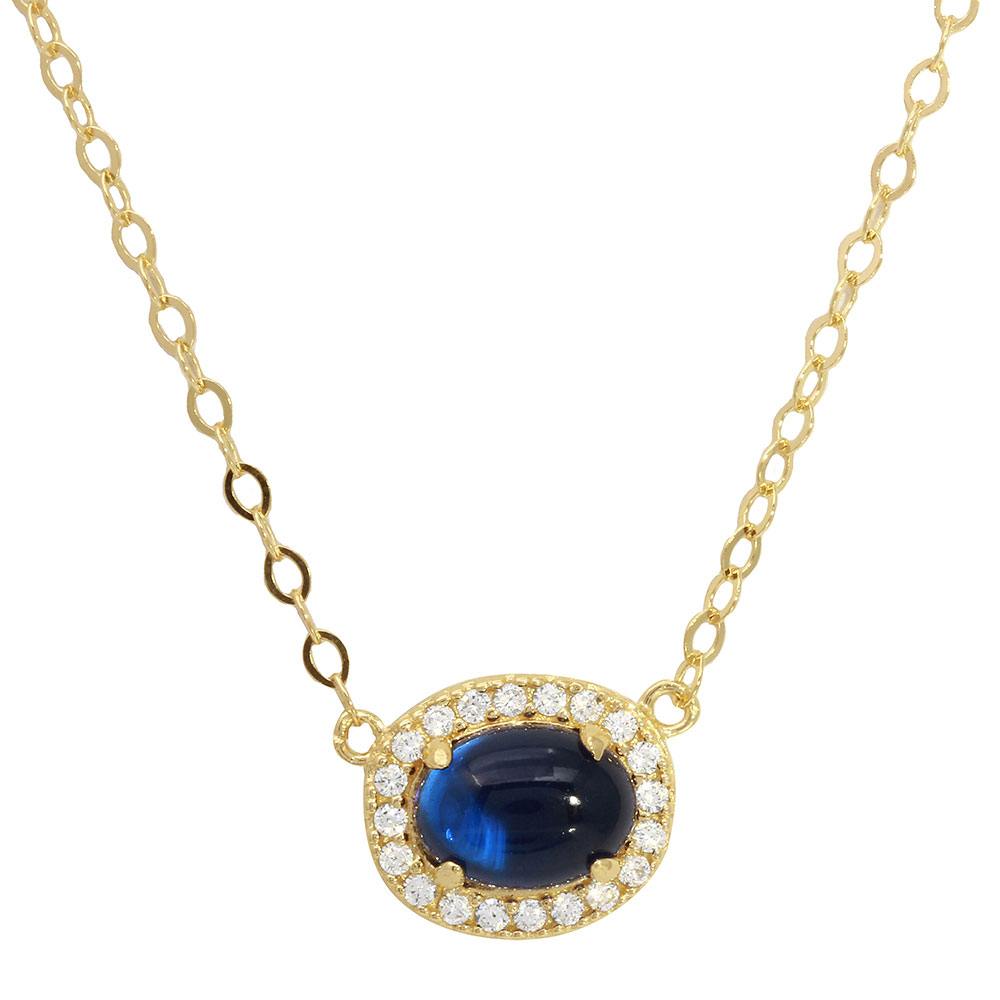 Sterling Silver Gold Plated Oval Halo CZ Pendant Blue Center Stone Necklace