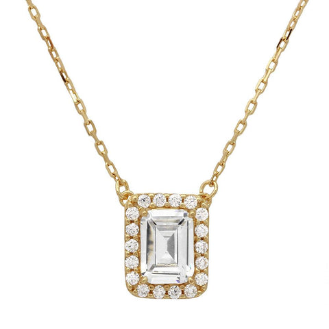 Sterling Silver Gold Plated Square Halo CZ .925 Pendant With Adjustable Chain