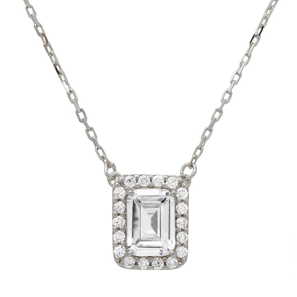 Sterling Silver Rhodium Plated Square Halo CZ Pendant With Adjustable .925 Chain