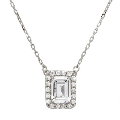 Sterling Silver Rhodium Plated Square Halo CZ Pendant With Adjustable .925 Chain