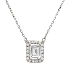 Sterling Silver Rhodium Plated Square Halo CZ Pendant With Adjustable .925 Chain