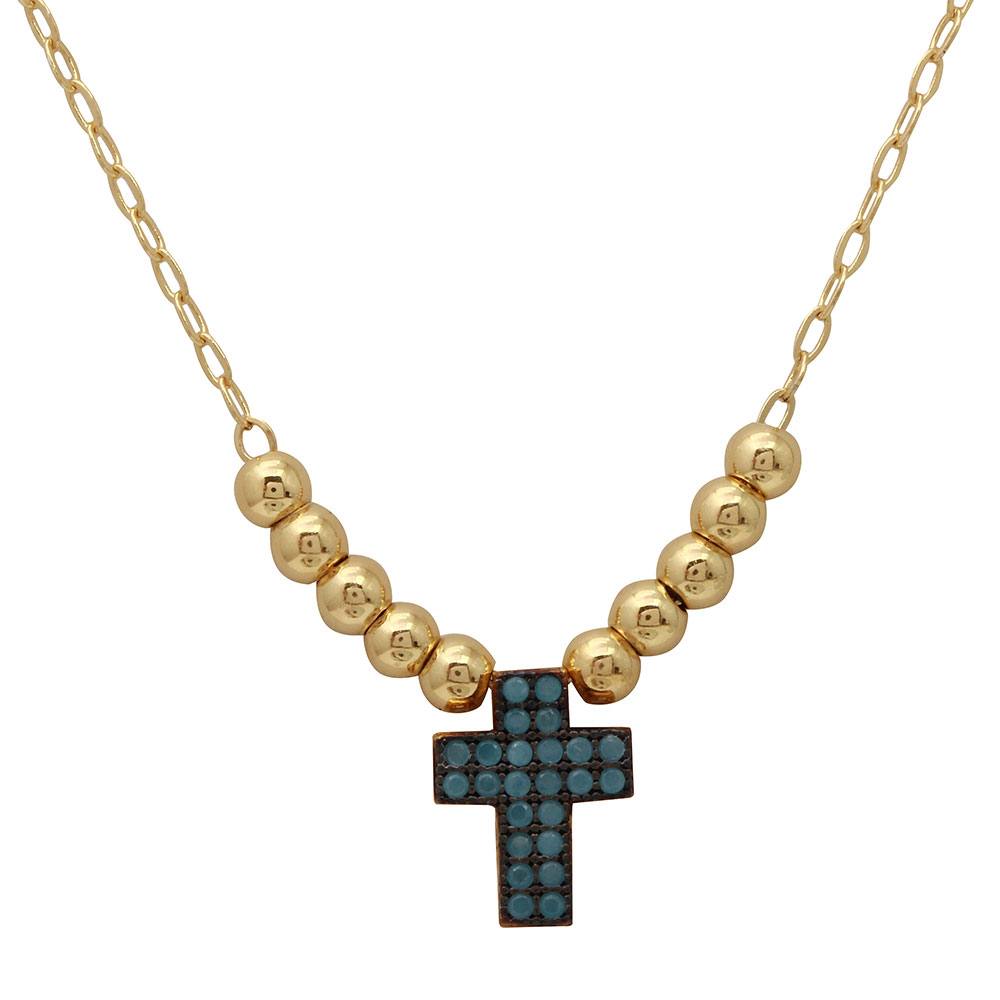 Sterling Silver Gold Plated Beaded Necklace With Turquoise Stone Cross Necklace