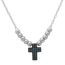 Load image into Gallery viewer, Sterling Silver Rhodium Plated Beaded Necklace With Turquoise Stone Cross Necklace