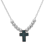Sterling Silver Rhodium Plated Beaded Necklace With Turquoise Stone Cross Necklace