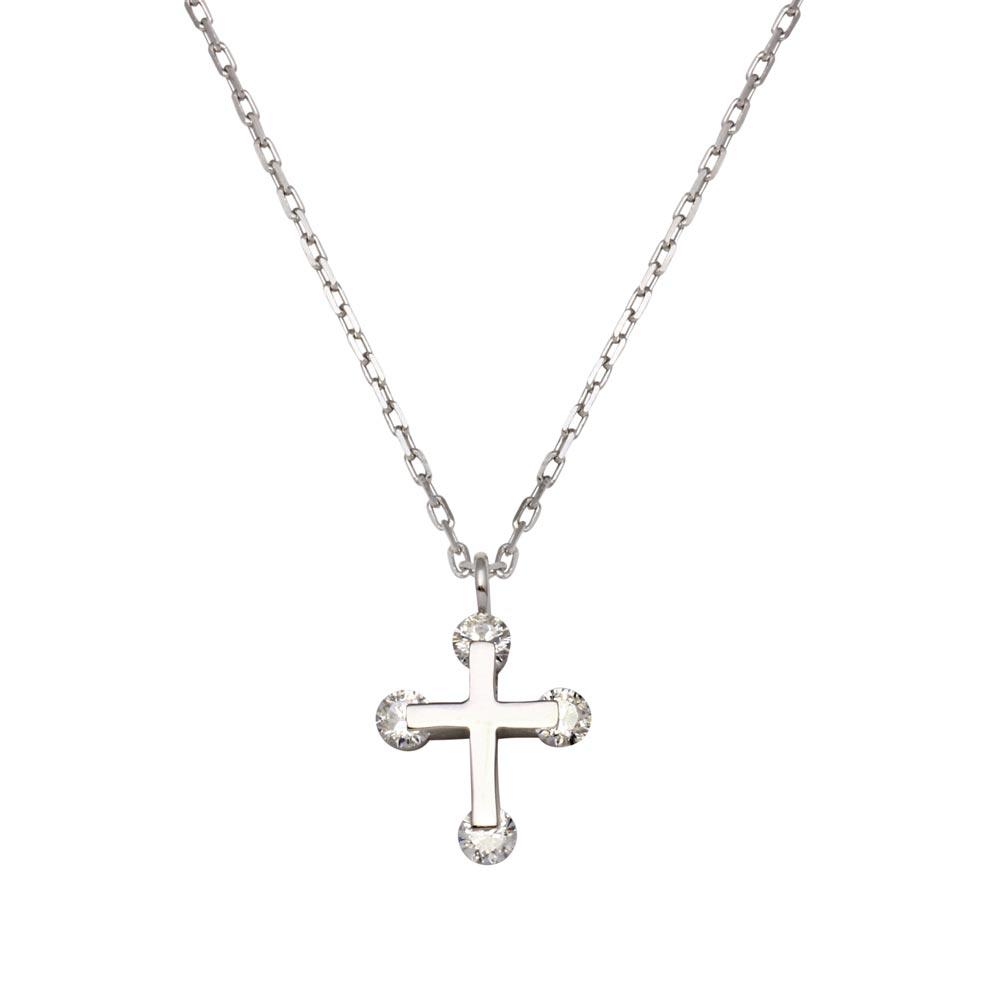 Sterling Silver Rhodium Plated Mini Cross Pendant Necklace with CZ Necklace