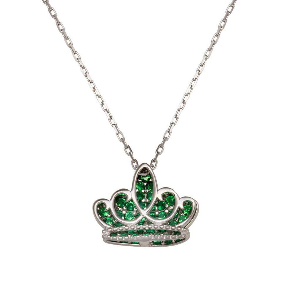 Sterling Silver Rhodium Plated Crown Shaped Necklace With Green CZ