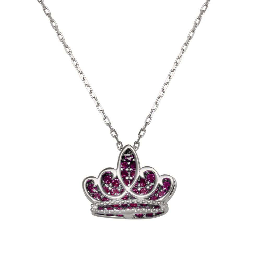 Sterling Silver Rhodium Plated Crown Shaped Necklace With Red CZ