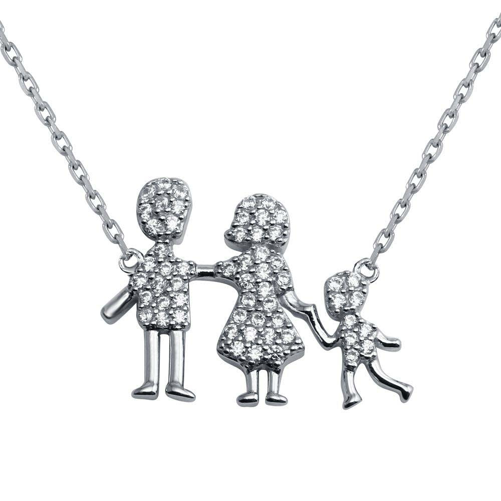 Sterling Silver Rhodium Plated CZ MomAnd DadAnd Baby Boy Family Necklace