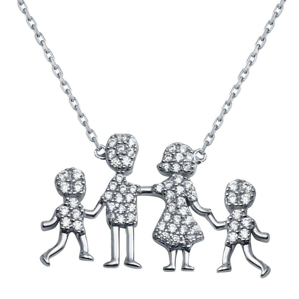 Sterling Silver Rhodium Plated Open CZ Heart MomAnd DadAnd Baby Boys Family Necklace