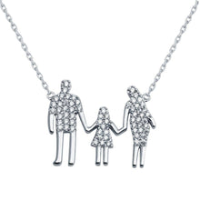 Load image into Gallery viewer, Sterling Silver Rhodium Plated Open CZ Heart MomAnd Dad And A Girl Family Necklace