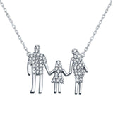 Sterling Silver Rhodium Plated Open CZ Heart MomAnd Dad And A Girl Family Necklace