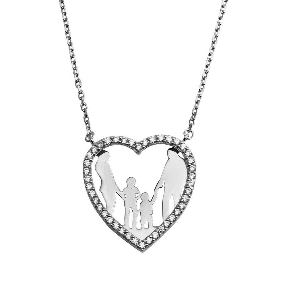 Sterling Silver Rhodium Plated Open CZ Heart MomAnd Dad And 2 Baby Boys Family Necklace