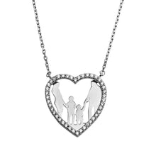 Load image into Gallery viewer, Sterling Silver Rhodium Plated Open CZ Heart MomAnd Dad And 2 Baby Boys Family Necklace